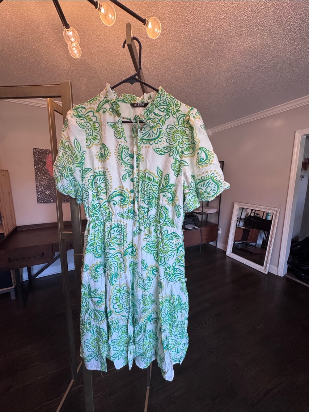 Women’s White Mini Dress with Green Floral Print